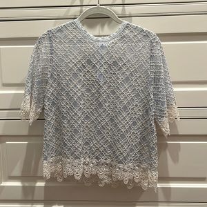 Sandro Light Blue Lace Short Sleeve Top with Cream Trim